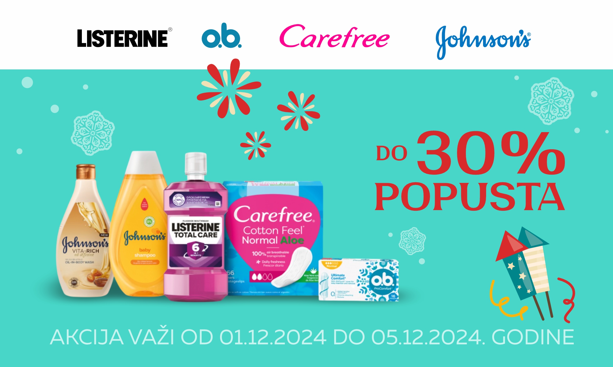 Скидка до 30% на продукцию Listerine, o.b., Carefree, Johnson’s 