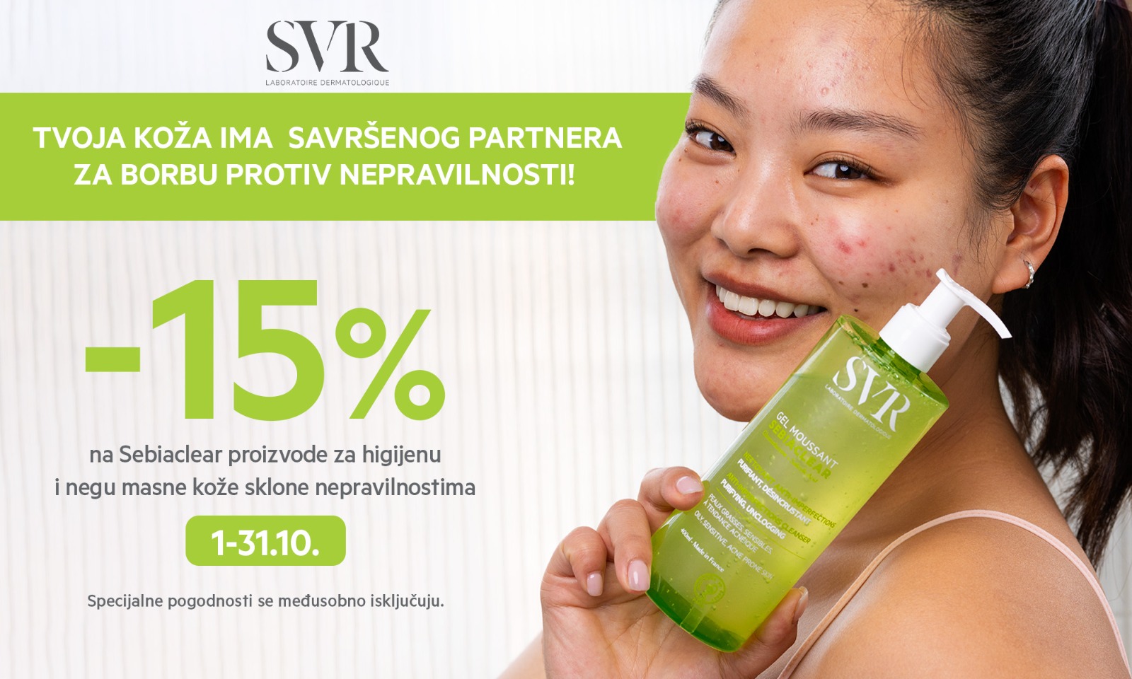 15% off SVR Sebiaclear cleansing and skincare products for oily, blemish-prone skin. 